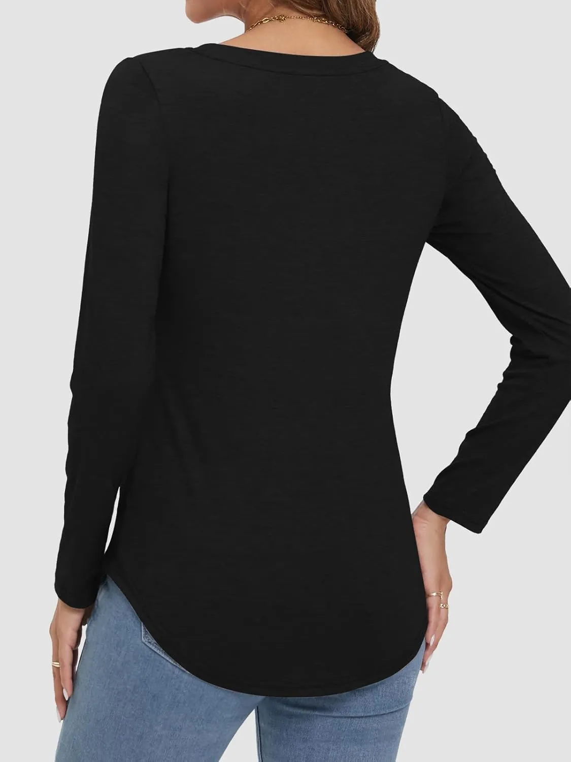 ATHMILE Womens 2025 Fall Long Sleeve Shirts Basic Apparel Shirts Trendy V Neck Tshirt for Women Curved Hem Tops