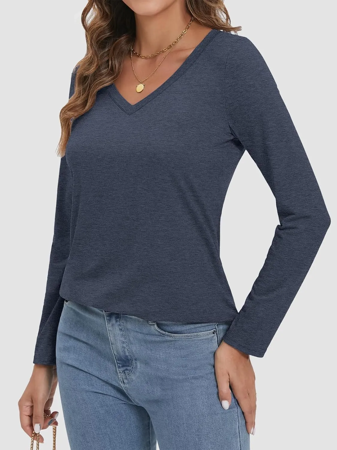 ATHMILE Womens 2025 Fall Long Sleeve Shirts Basic Apparel Shirts Trendy V Neck Tshirt for Women Curved Hem Tops