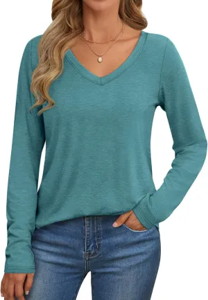 ATHMILE Womens 2025 Fall Long Sleeve Shirts Basic Apparel Shirts Trendy V Neck Tshirt for Women Curved Hem Tops