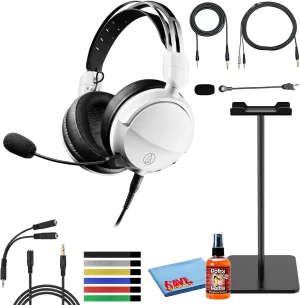 Audio-Technica ATH-GL3BK Over-Ear Closed-Back Gaming Headset with Detachable Microphone Bundle with Headphones Stand and Accessories - White