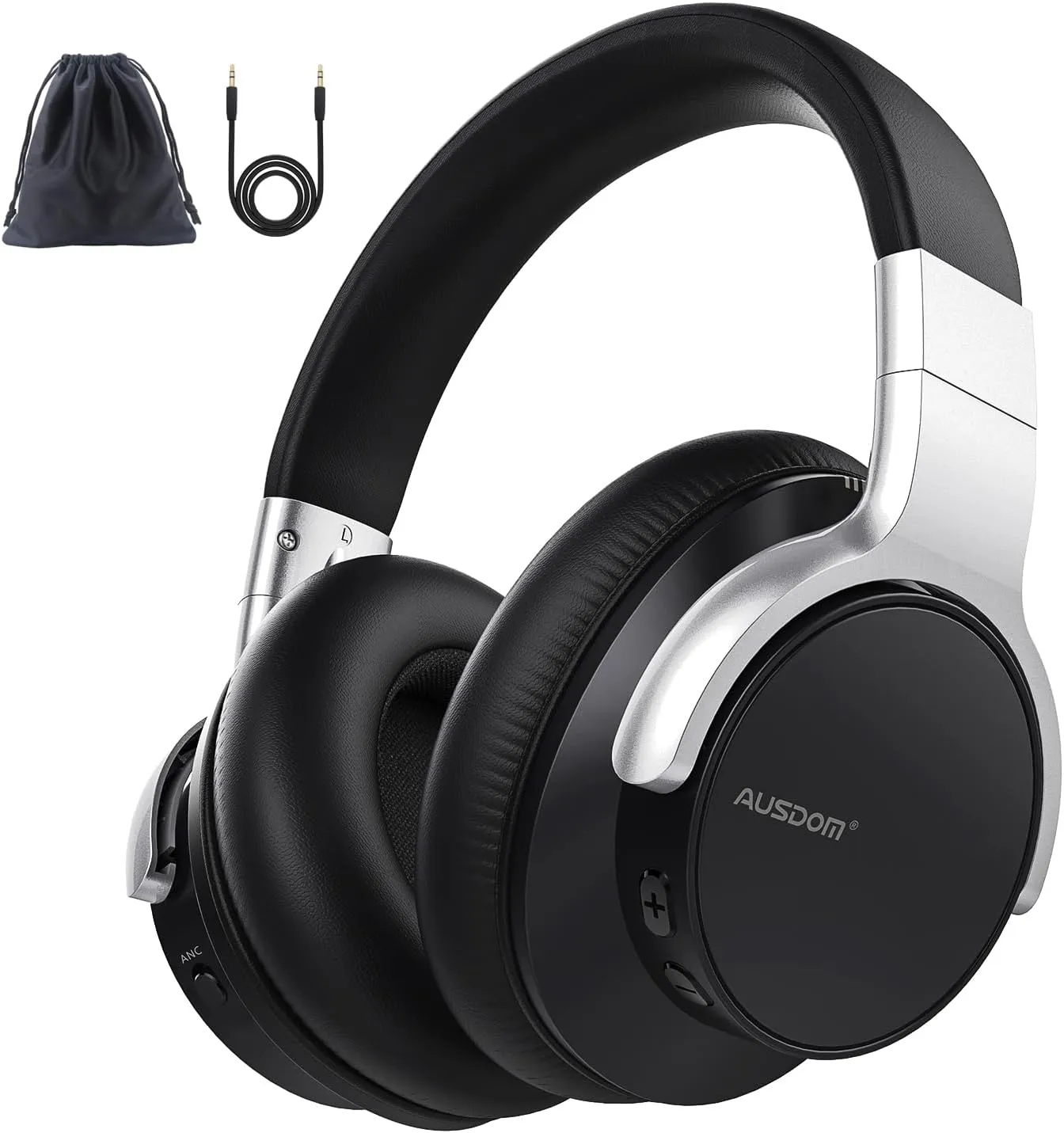 AUSDOM Bluetooth Noise Cancelling Headphones: E7 Wireless Over Ear ANC Headphones with Microphone, 50H Playtime, Hi-Fi Sound, USB C Charge, Comfortable Earpads for Travel Work Adults, Sliver Black