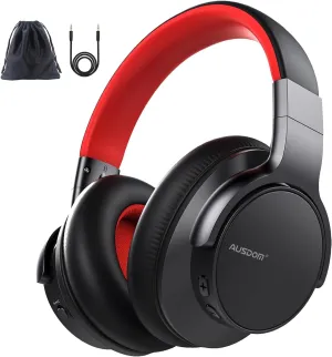 AUSDOM Bluetooth Noise Cancelling Headphones: E7 Wireless Over Ear ANC Headphones with Microphone, 50H Playtime, Hi-Fi Stereo Sound, Comfortable Earpads for Travel Work Adults, Black Red