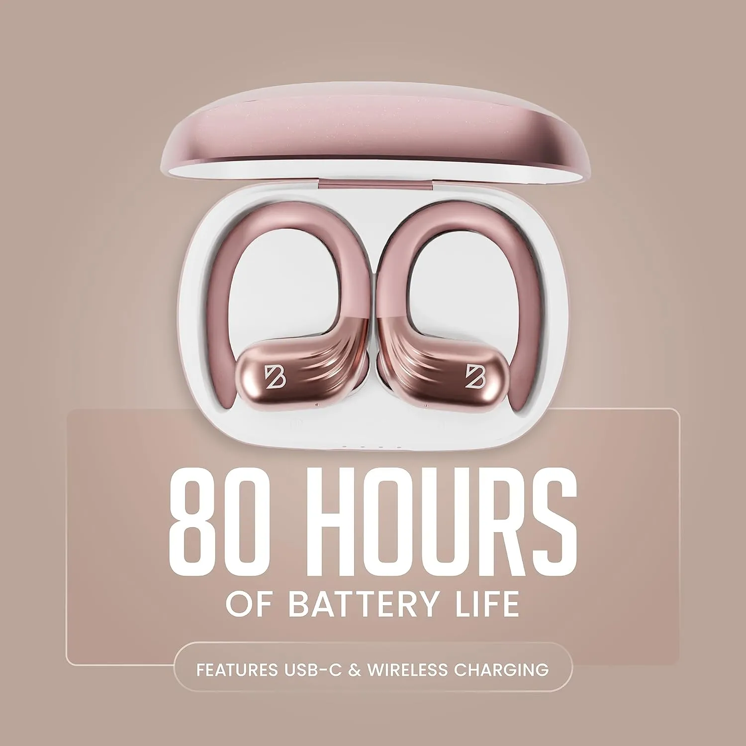 Back Bay Audio Runner 60 - Rose Gold Wireless Running Earbuds, 80 Hour Battery Life, Over The Ear Earbuds with EarHooks