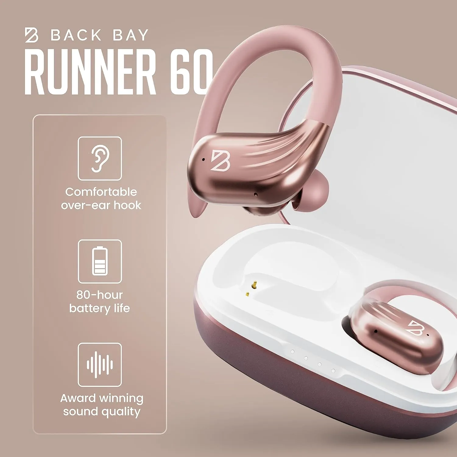 Back Bay Audio Runner 60 - Rose Gold Wireless Running Earbuds, 80 Hour Battery Life, Over The Ear Earbuds with EarHooks