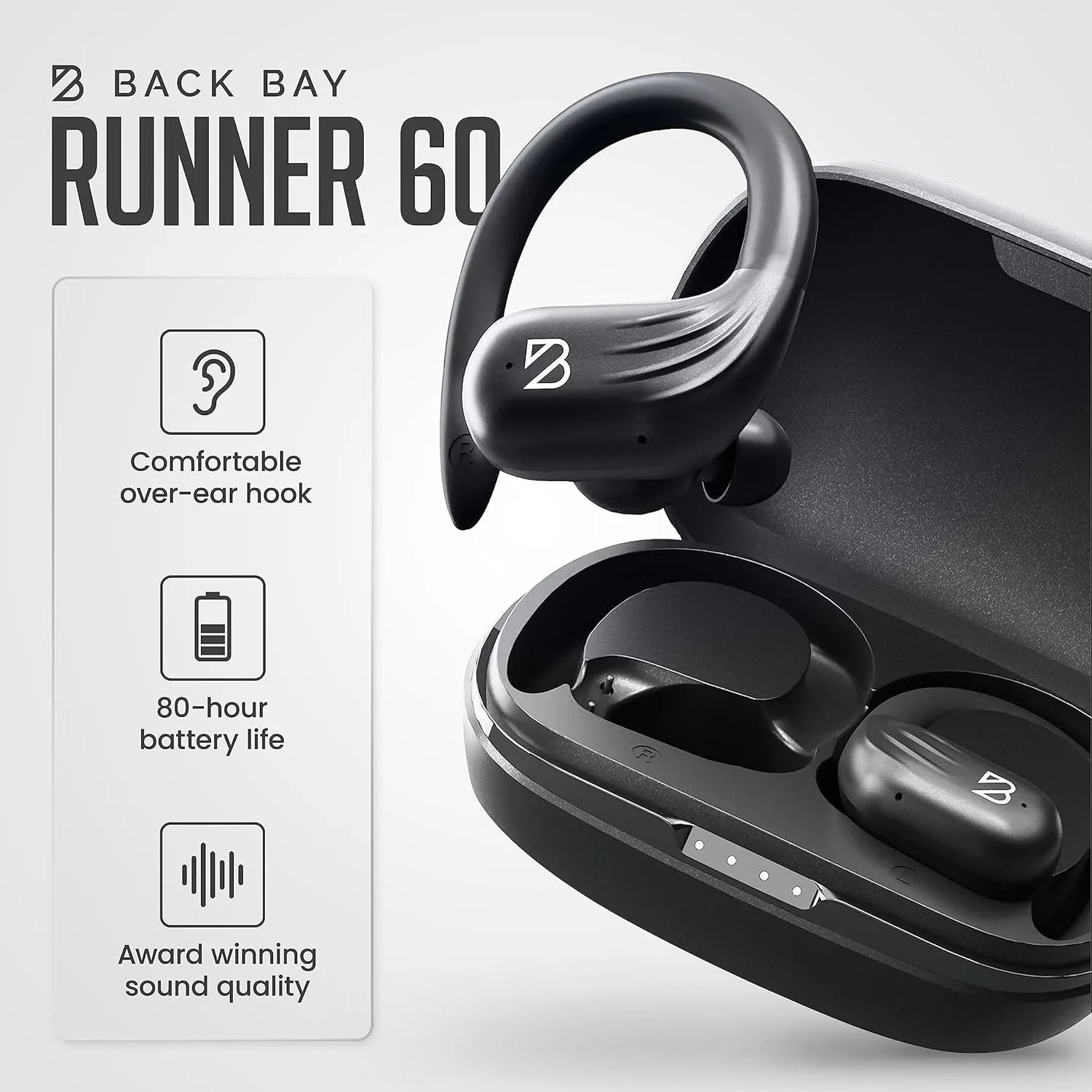 Back Bay Audio Runner 60 Wireless Running Earbuds, 80 Hour Long Battery Life Over The Ear Earbuds with EarHooks, Wrap Around Earphones Wireless Bluetooth Earbuds with Microphone, in Ear Headphones