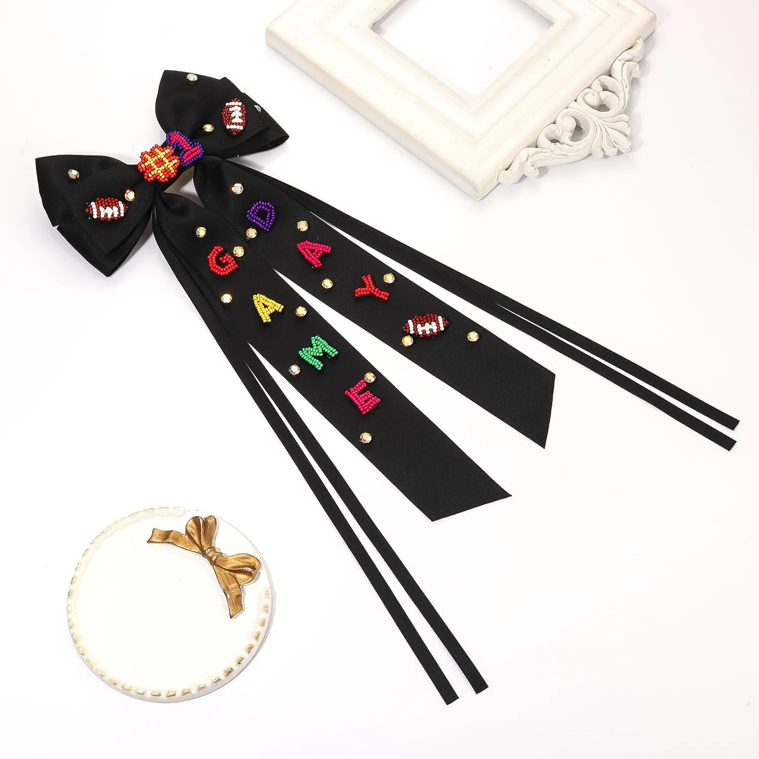 Boderier Game Day Accessories Hair Bows for Women Football Hair Bow Clip Long Tail Satin Ribbon Bow Barrette Hair Clip Sports Fan Hair Accessories Beaded GAME DAY Black