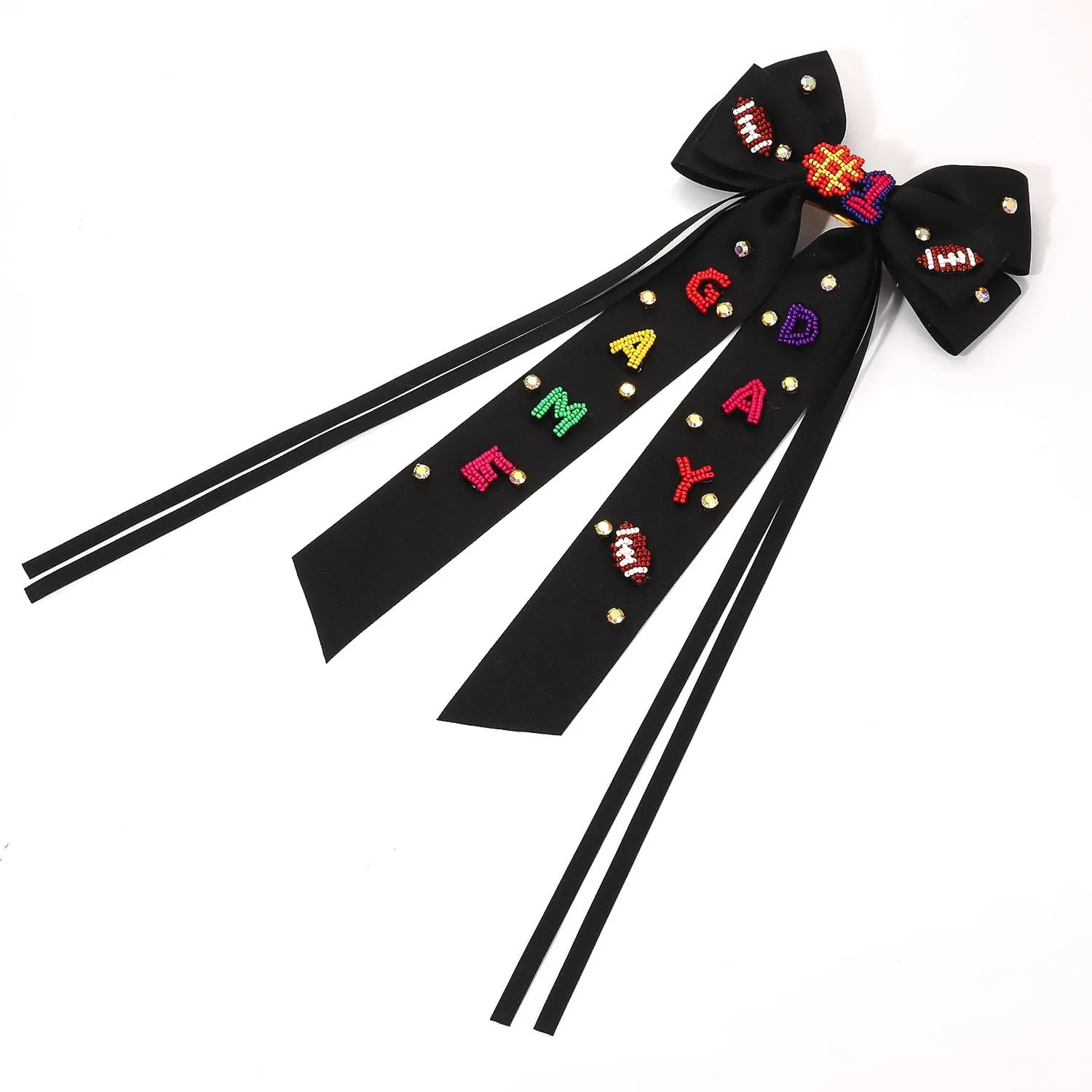 Boderier Game Day Accessories Hair Bows for Women Football Hair Bow Clip Long Tail Satin Ribbon Bow Barrette Hair Clip Sports Fan Hair Accessories Beaded GAME DAY Black