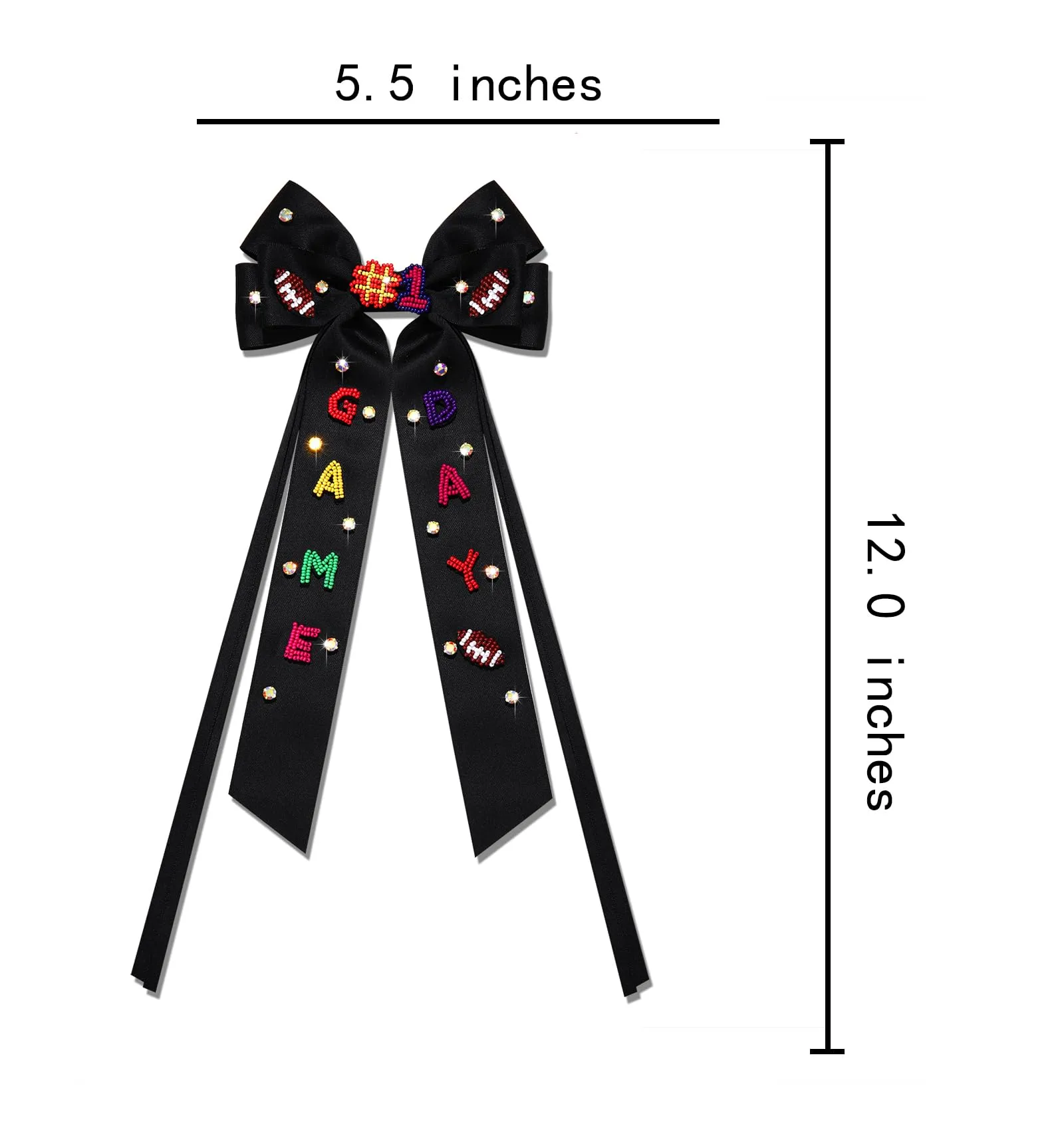 Boderier Game Day Accessories Hair Bows for Women Football Hair Bow Clip Long Tail Satin Ribbon Bow Barrette Hair Clip Sports Fan Hair Accessories Beaded GAME DAY Black