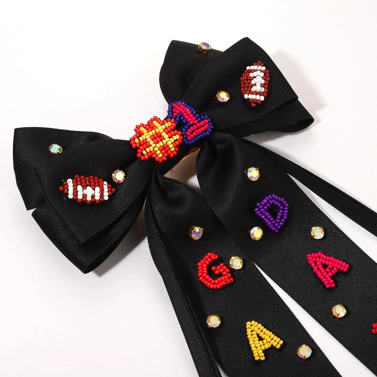 Boderier Game Day Accessories Hair Bows for Women Football Hair Bow Clip Long Tail Satin Ribbon Bow Barrette Hair Clip Sports Fan Hair Accessories Beaded GAME DAY Black
