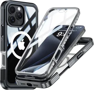 Case for iPhone 16 Pro Max/16 Pro/16 Plus/16, Compatible with Magsafe Upgrade Full-Body Heavy Duty Protection Clear Case with Built-in 9H Tempered Glass Screen Protector