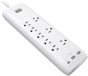 Clear Power 8-Outlet 2160J Home & Office Surge Protector Power Strip w/2-Port USB-A & 1-Port USB-C 20W PD Rapid Chargers, 5ft Power Cord, White, CP30002