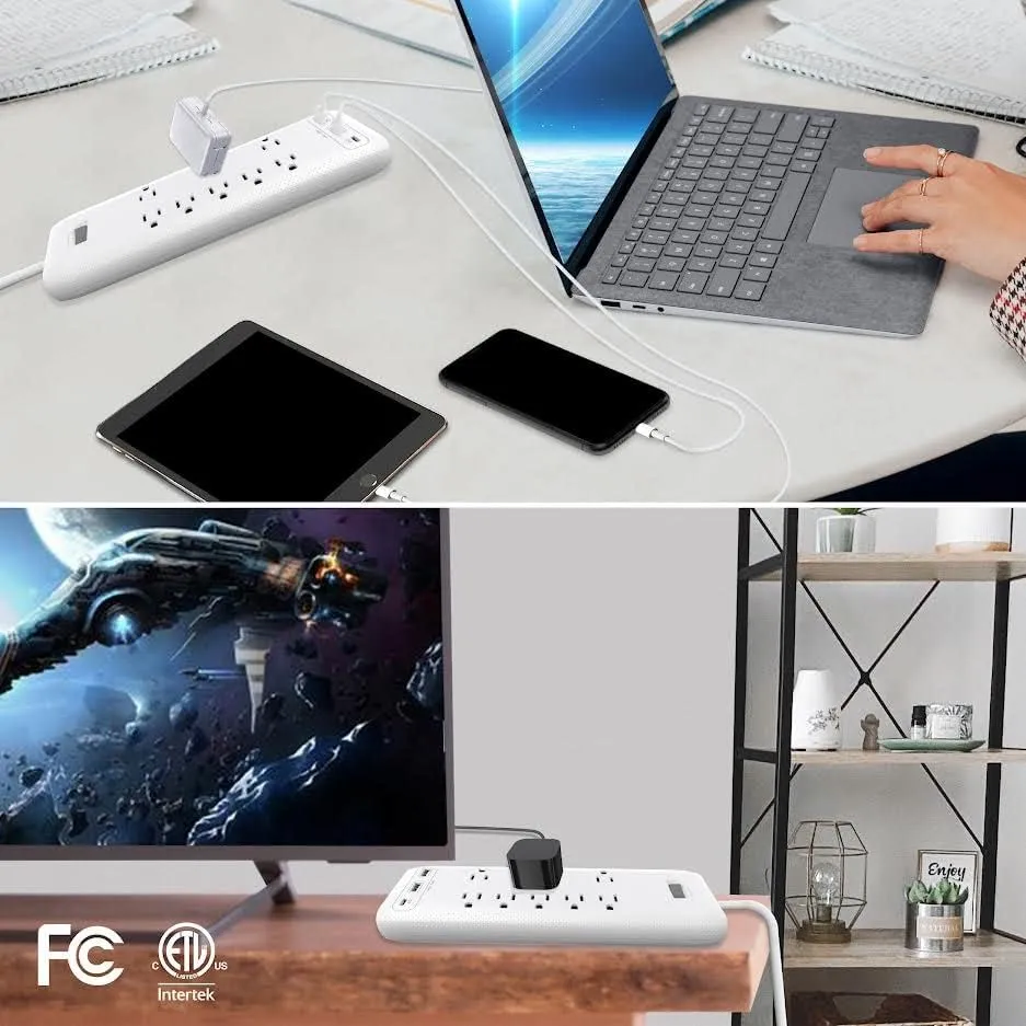 Clear Power 8-Outlet 2160J Home & Office Surge Protector Power Strip w/2-Port USB-A & 1-Port USB-C 20W PD Rapid Chargers, 5ft Power Cord, White, CP30002
