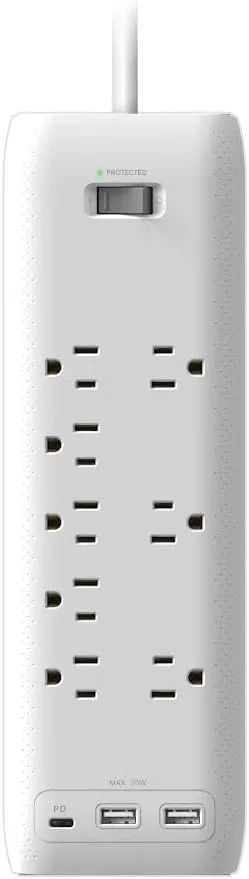 Clear Power 8-Outlet 2160J Home & Office Surge Protector Power Strip w/2-Port USB-A & 1-Port USB-C 20W PD Rapid Chargers, 5ft Power Cord, White, CP30002
