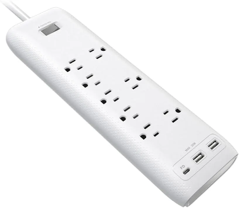 Clear Power 8-Outlet 2160J Home & Office Surge Protector Power Strip w/2-Port USB-A & 1-Port USB-C 20W PD Rapid Chargers, 5ft Power Cord, White, CP30002
