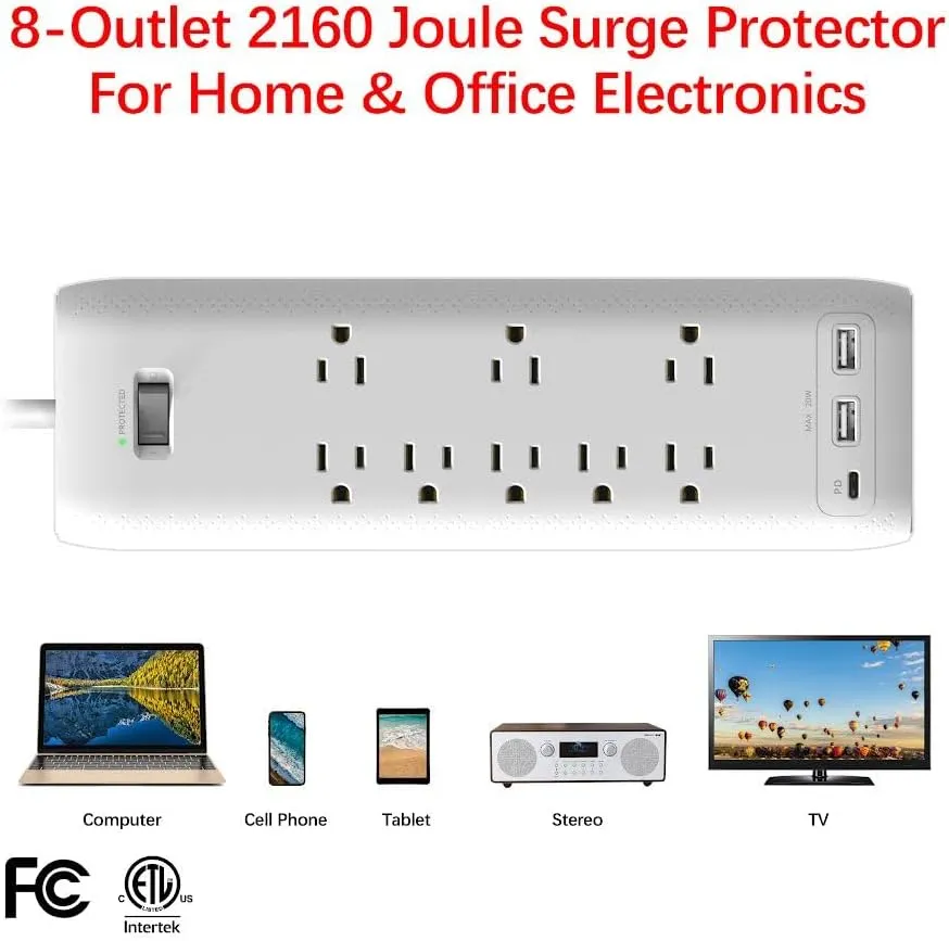 Clear Power 8-Outlet 2160J Home & Office Surge Protector Power Strip w/2-Port USB-A & 1-Port USB-C 20W PD Rapid Chargers, 5ft Power Cord, White, CP30002