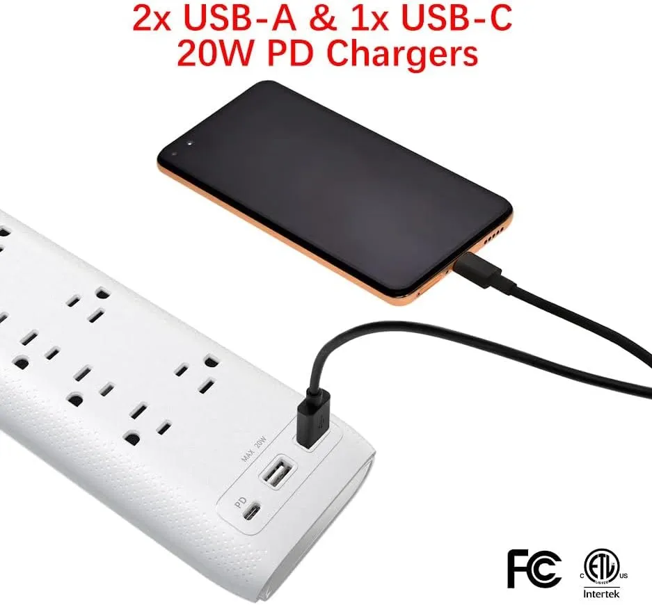 Clear Power 8-Outlet 2160J Home & Office Surge Protector Power Strip w/2-Port USB-A & 1-Port USB-C 20W PD Rapid Chargers, 5ft Power Cord, White, CP30002