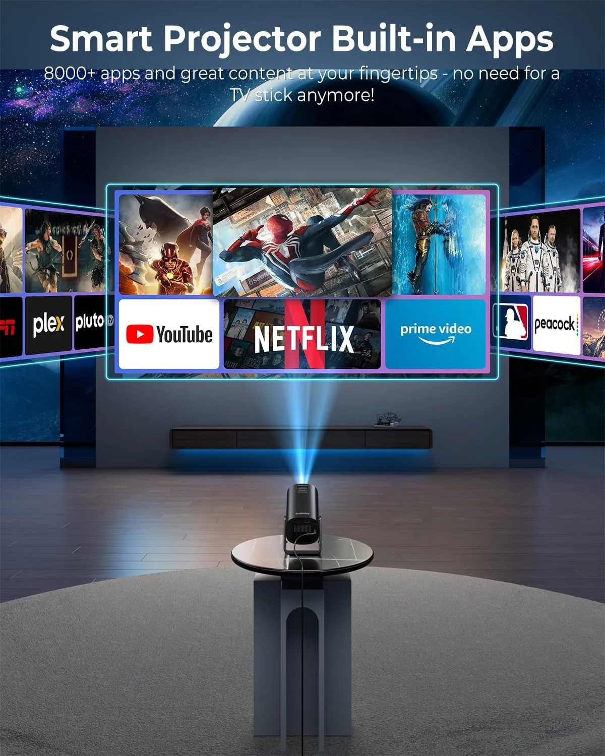 CLOKOWE Mini Projector, 4K 1080P Support projector with wifi and bluetooth, 270Adjustable Stand Outdoor Home Theater galaxy Projector with Android TV OS & 8000 APPS for Phone/TV Stick/Laptop/HDMI