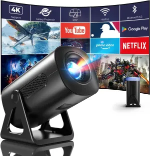 CLOKOWE Mini Projector, 4K 1080P Support projector with wifi and bluetooth, 270Adjustable Stand Outdoor Home Theater galaxy Projector with Android TV OS & 8000 APPS for Phone/TV Stick/Laptop/HDMI