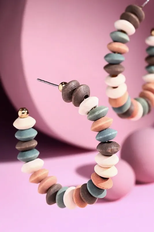 Color Coated Wooden Bead Hoop Earrings