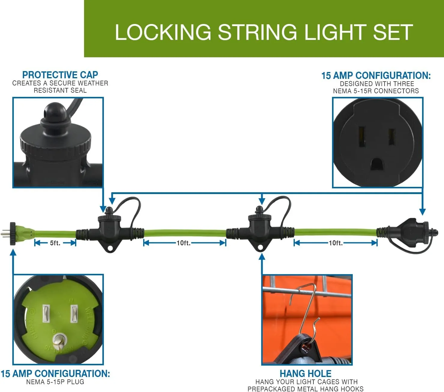 Conntek PNG-2105B Multi Inline Outlet Extention Cord, 5'   10'   10', with Protective Caps