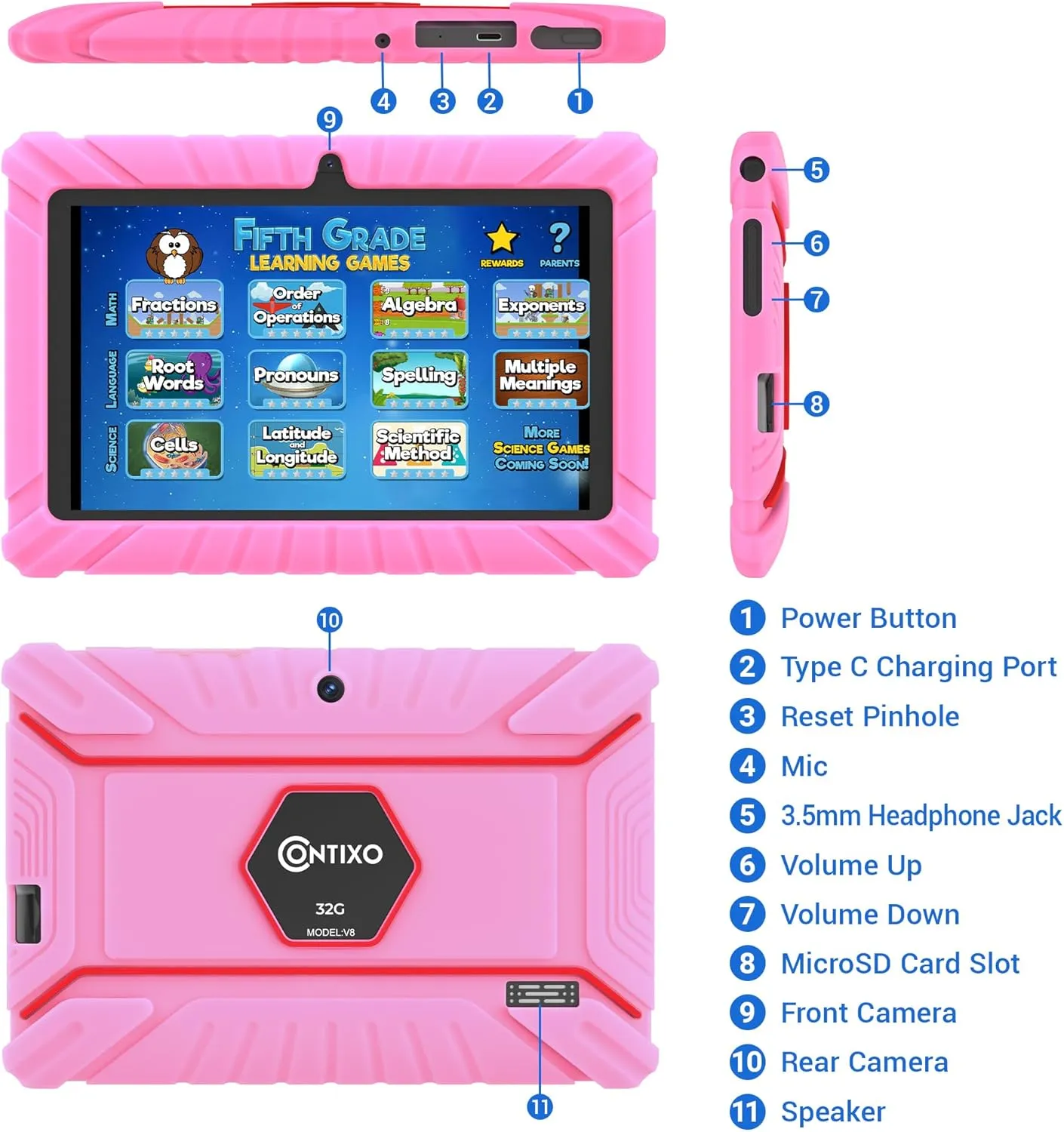 Contixo 7 Kids Tablet Bundle - Learning Tablet and Headphones for Kids, Includes 50  Disney Storybooks (Value $200), 7-inch HD, Ages 3-7, Parental Control, Android 11, 32GB, WiFi - Pink