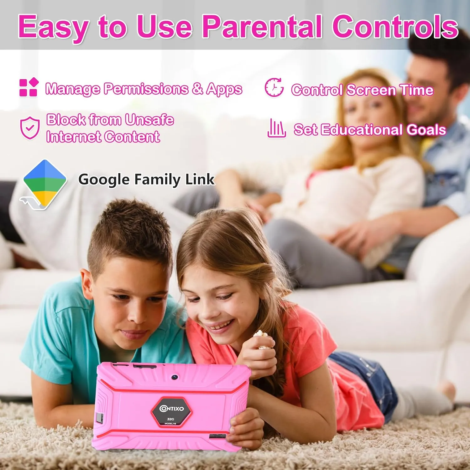 Contixo 7 Kids Tablet Bundle - Learning Tablet and Headphones for Kids, Includes 50  Disney Storybooks (Value $200), 7-inch HD, Ages 3-7, Parental Control, Android 11, 32GB, WiFi - Pink