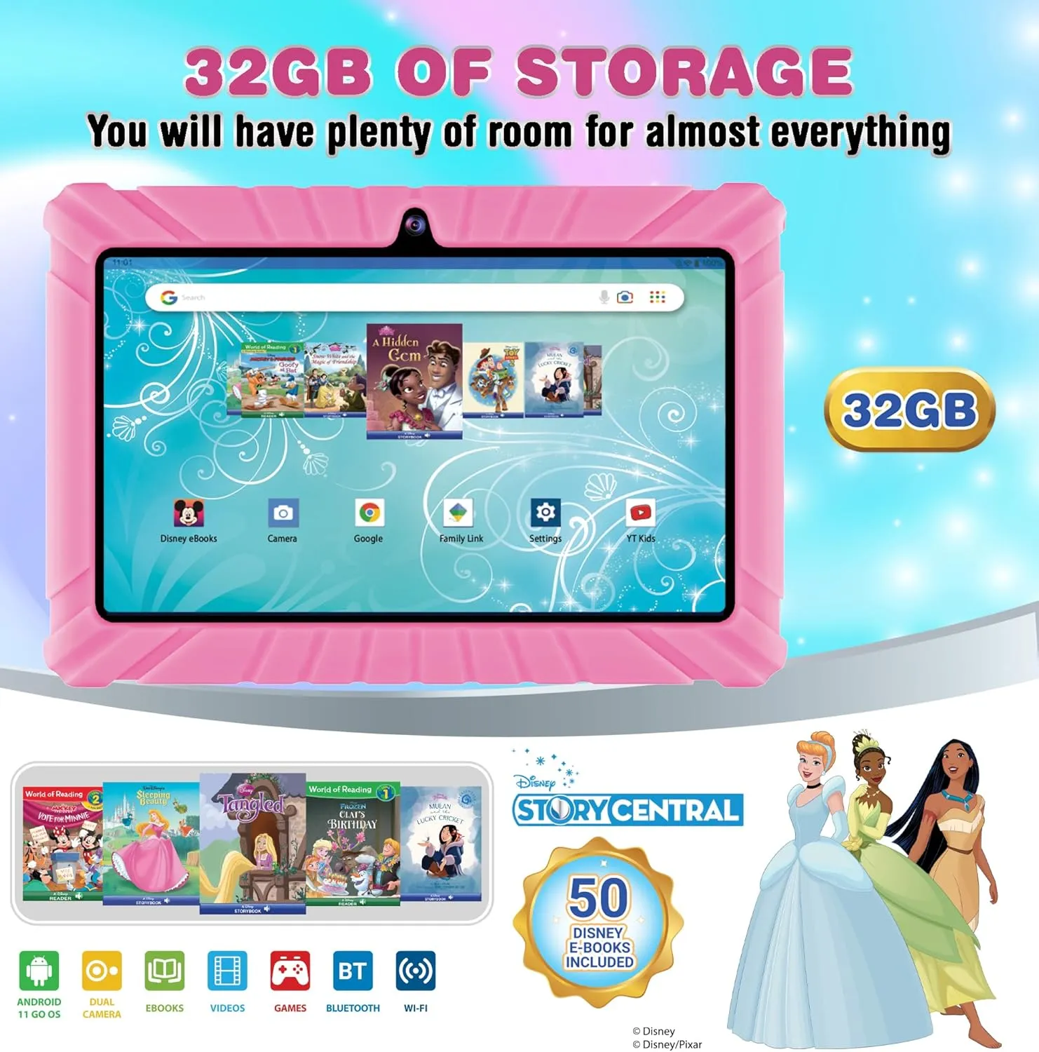 Contixo 7 Kids Tablet Bundle - Learning Tablet and Headphones for Kids, Includes 50  Disney Storybooks (Value $200), 7-inch HD, Ages 3-7, Parental Control, Android 11, 32GB, WiFi - Pink