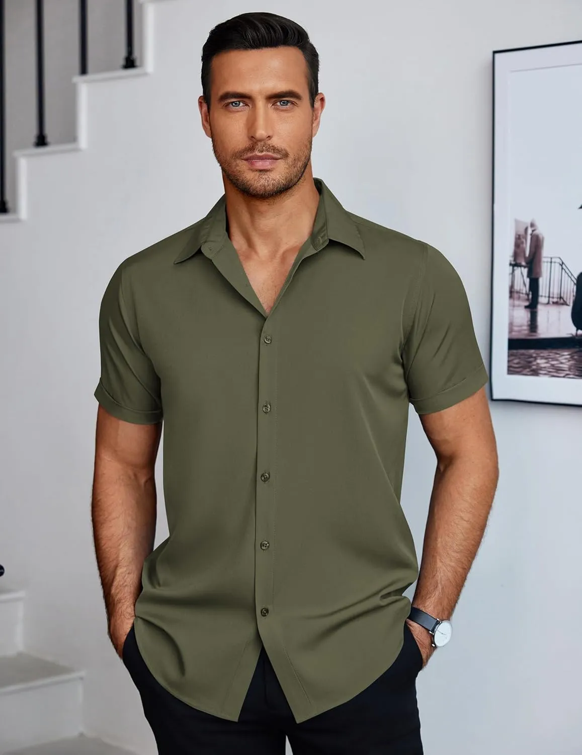 COOFANDY Mens Dress Shirts Short Sleeve Regular Fit Lightweight Untucked Button Down Shirt