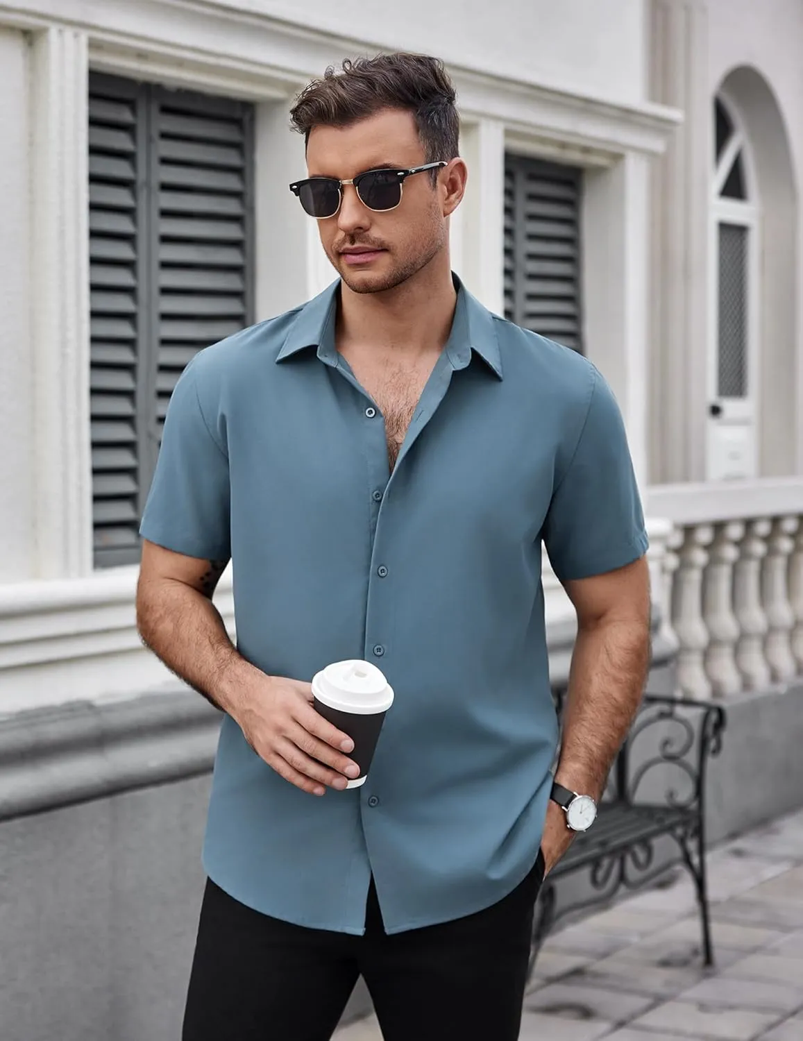 COOFANDY Men's Dress Shirts Stain Shield Short Sleeve Button Down Shirts Summer Wrinkle Free Business Casual Shirt