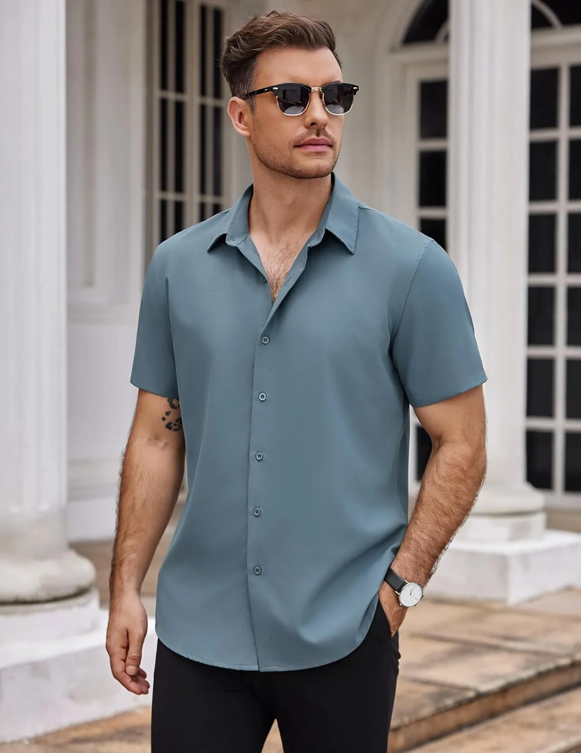COOFANDY Men's Dress Shirts Stain Shield Short Sleeve Button Down Shirts Summer Wrinkle Free Business Casual Shirt