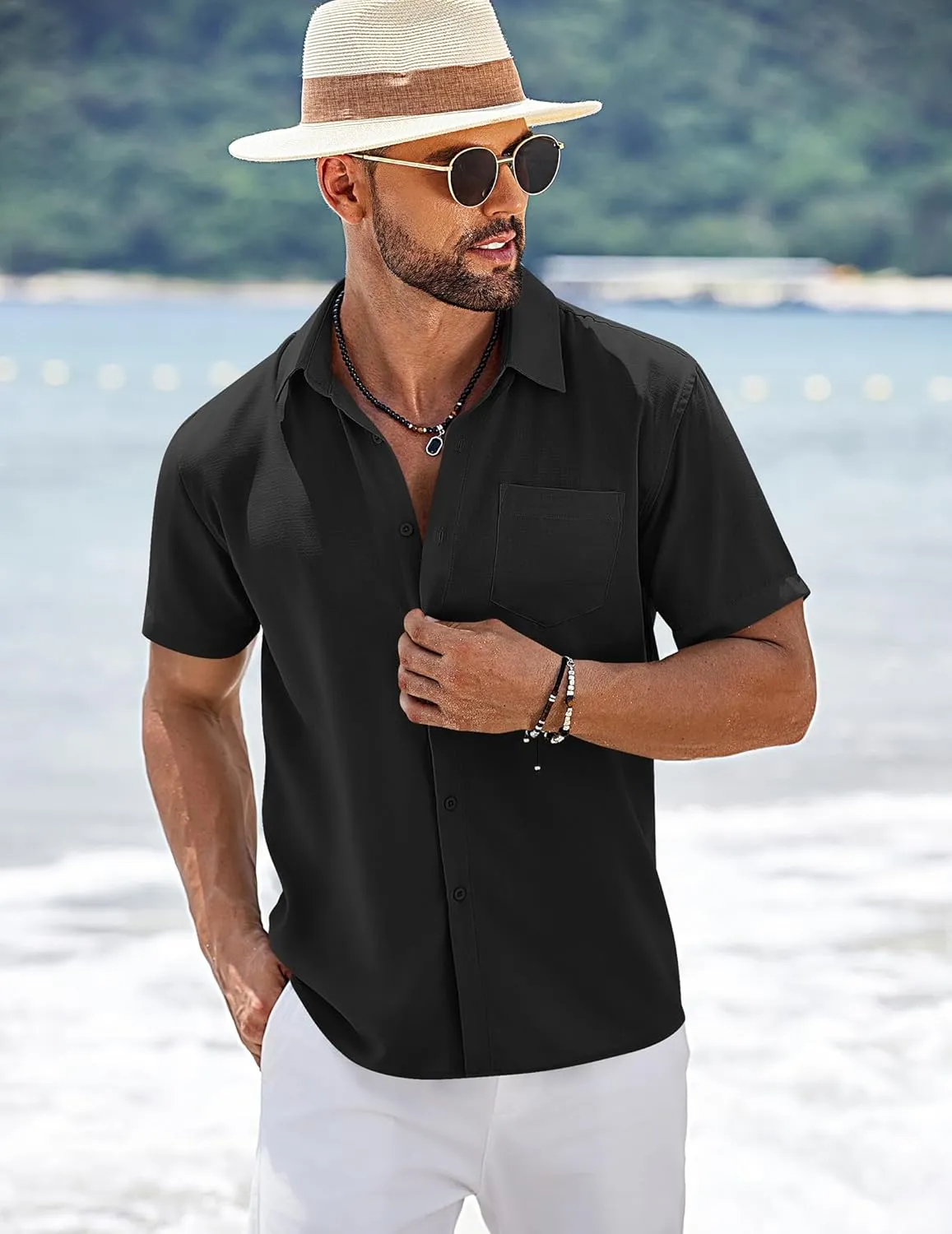 COOFANDY Men's Short Sleeve Button Down Shirts Summer Casual Textured Shirt Vacation Beach Wedding Shirts with Pocket