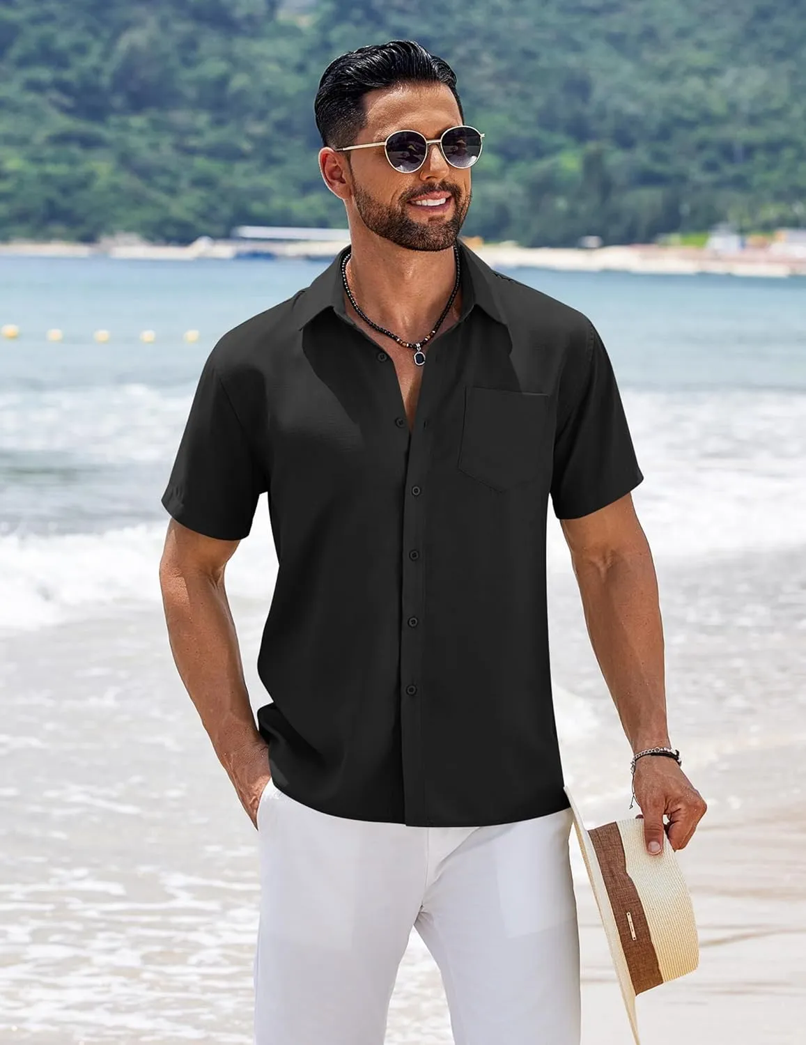 COOFANDY Men's Short Sleeve Button Down Shirts Summer Casual Textured Shirt Vacation Beach Wedding Shirts with Pocket