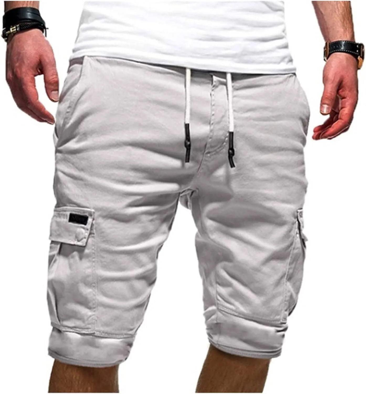 Cotton Men's Cargo Shorts Casual Drawstring Waist Side Pockets Mid Length Relaxed Comfortable Summer Beachwear