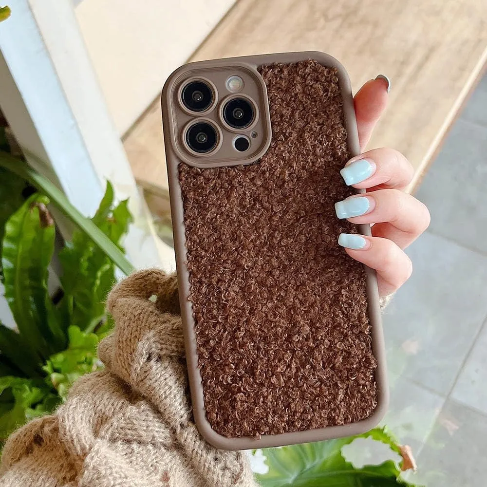 Cute Fluffy Phone Case for iPhone 11 14 12 15 Pro Max 13 XS XR 7 8 Plus SE 2020 Plush Solid Color Cover Soft Plush,Brown,for iPhone 12Pro max