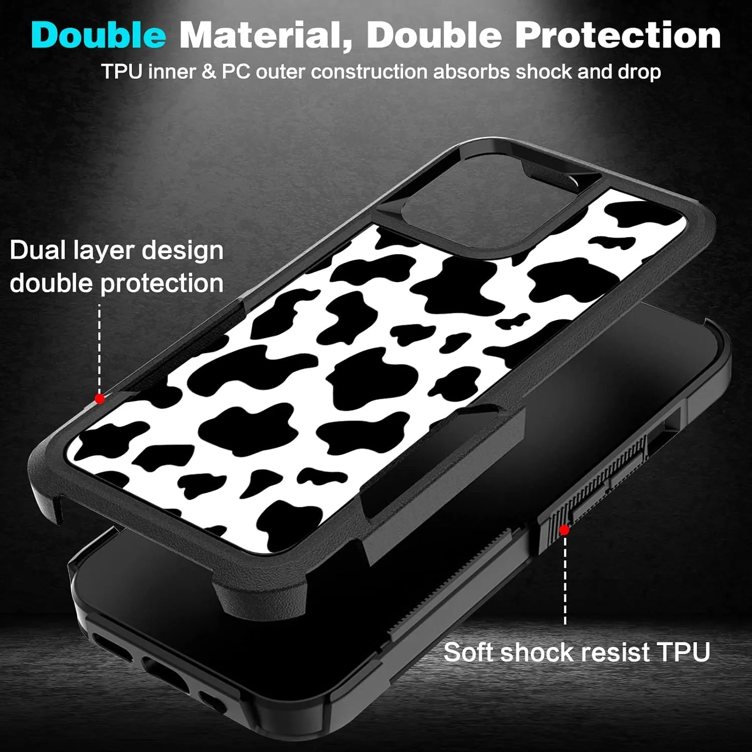 Designed for iPhone 13 Case, Heavy-Duty Tough Rugged Lightweight Slim Shockproof Protective Case for iPhone 13 6.1 Inch,Women Girls,Cow Print