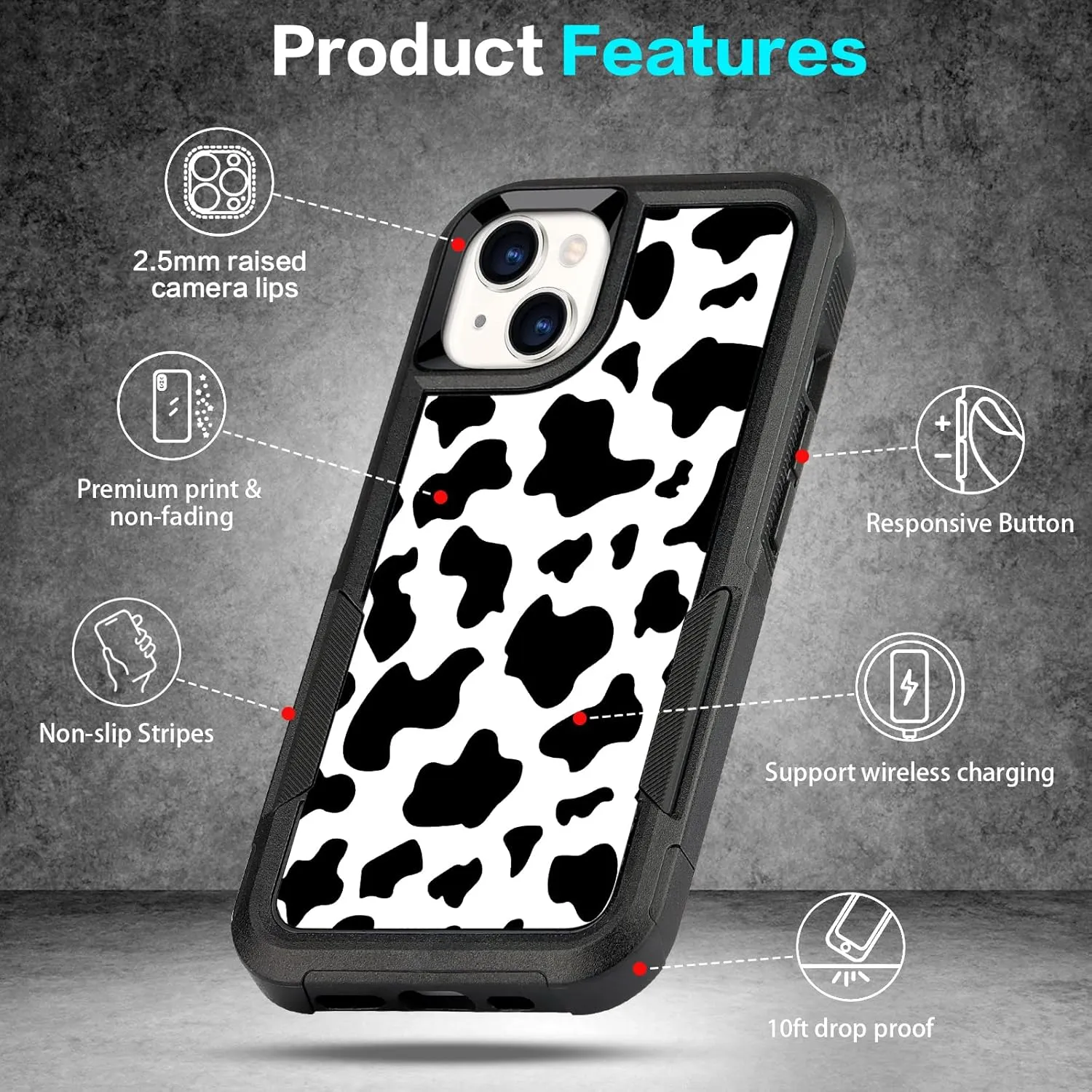 Designed for iPhone 13 Case, Heavy-Duty Tough Rugged Lightweight Slim Shockproof Protective Case for iPhone 13 6.1 Inch,Women Girls,Cow Print