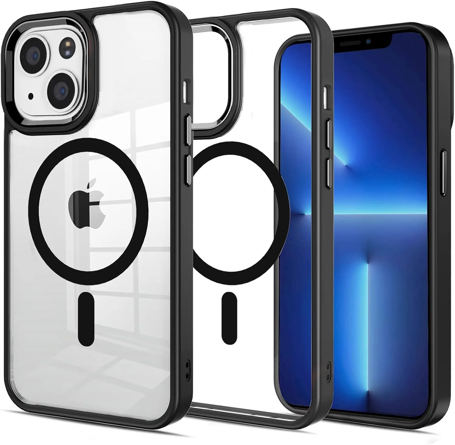 Designed for iPhone 13 Case,Compatible with Magsafe,16 FT Shockproof Military Drop Protection,iPhone 13 Magnetic Phone Case with Metal Button and Camera Frame,Slim Clear Phone Cover Black