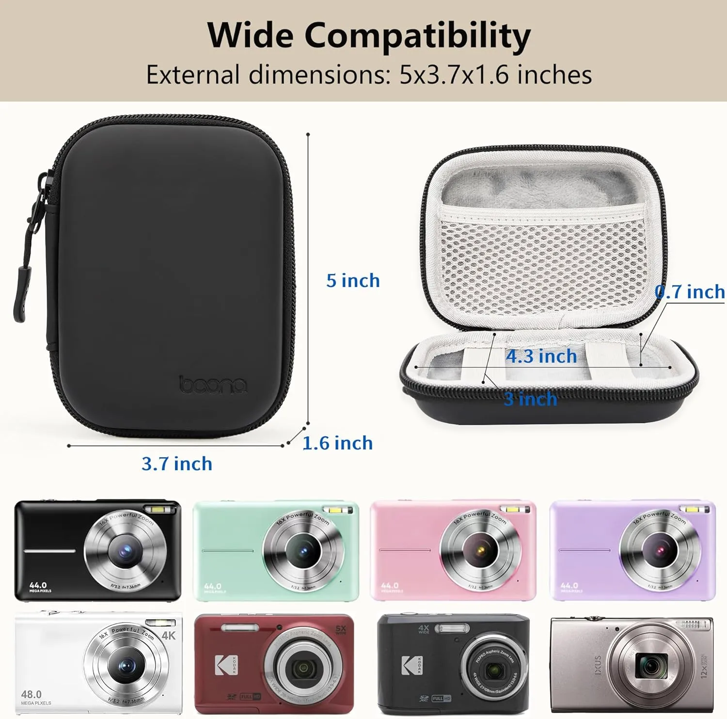 Digital Camera Case for CAMKORY, KODAK PIXPRO FZ45/FZ55, Canon IXUS 285 HS, Lecran, Small Travel Compact Camera Pouch with Mesh Pocket for Accessories SD Card (Black-PU)