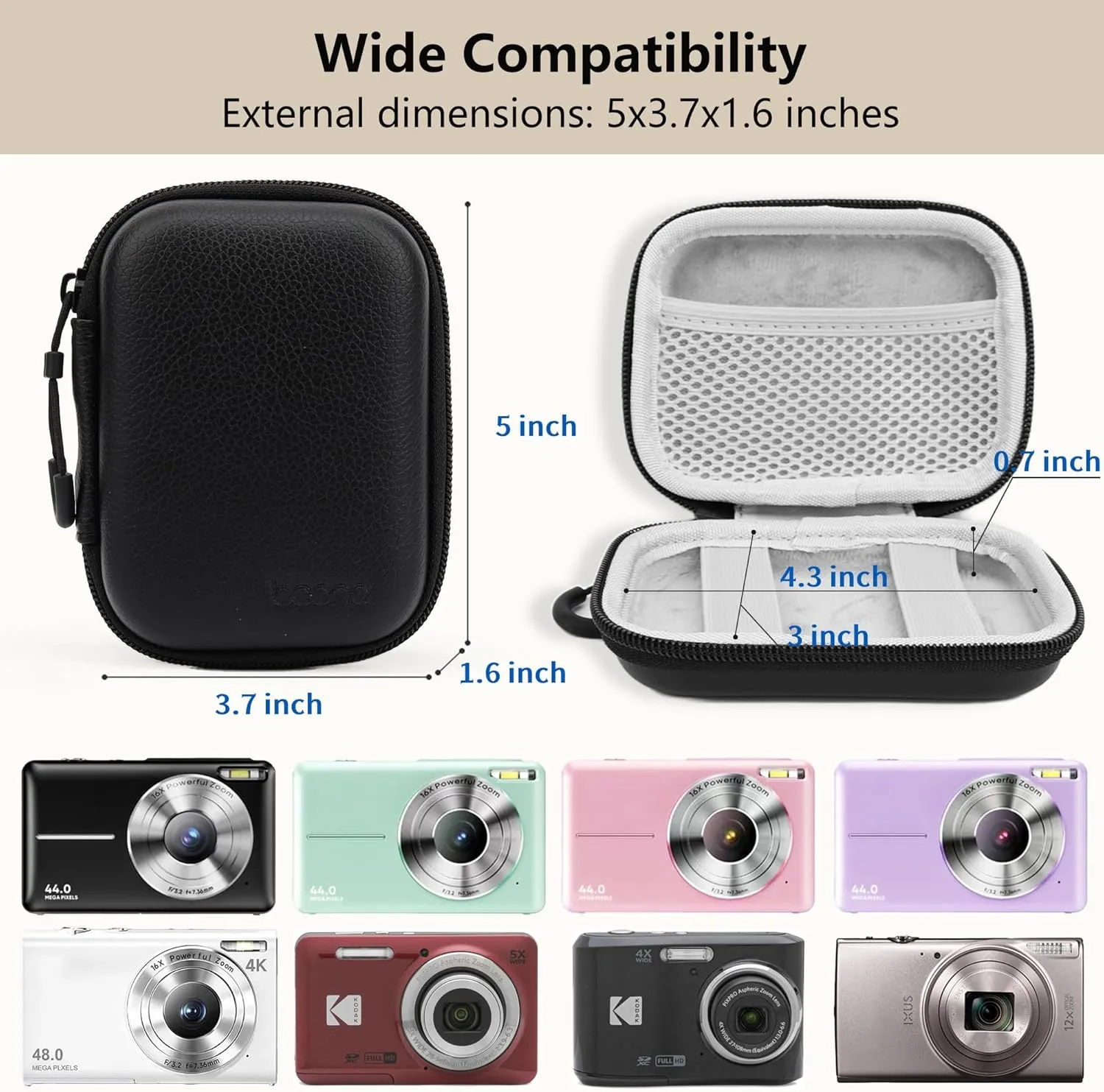 Digital Camera Case for CAMKORY, KODAK PIXPRO FZ45/FZ55, Canon IXUS 285 HS, Lecran, Small Travel Compact Camera Pouch with Mesh Pocket for Accessories SD Card (Black)