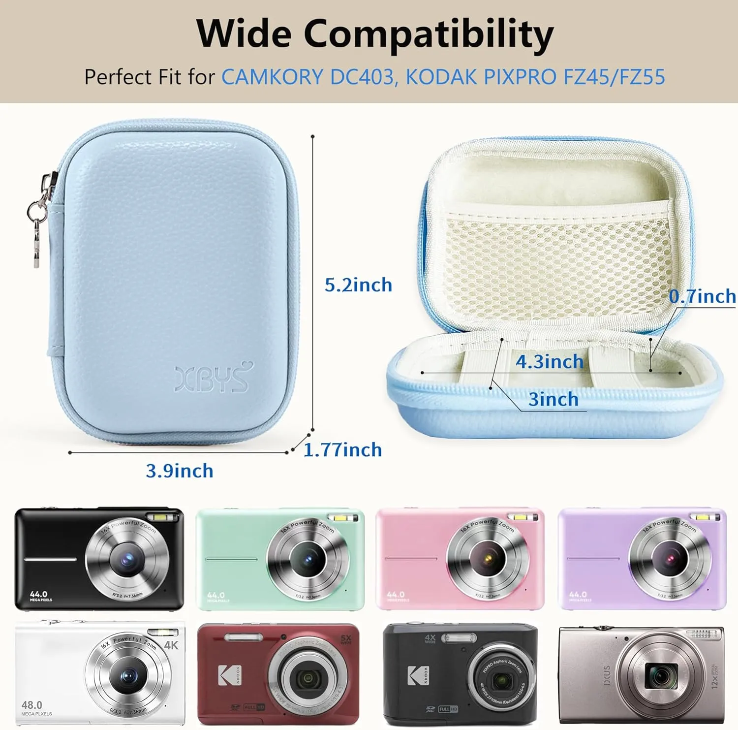Digital Camera Case for CAMKORY, KODAK PIXPRO FZ45/FZ55, Canon IXUS 285 HS, Lecran, Small Travel Compact Camera Pouch with Mesh Pocket for Accessories SD Card (Blue)
