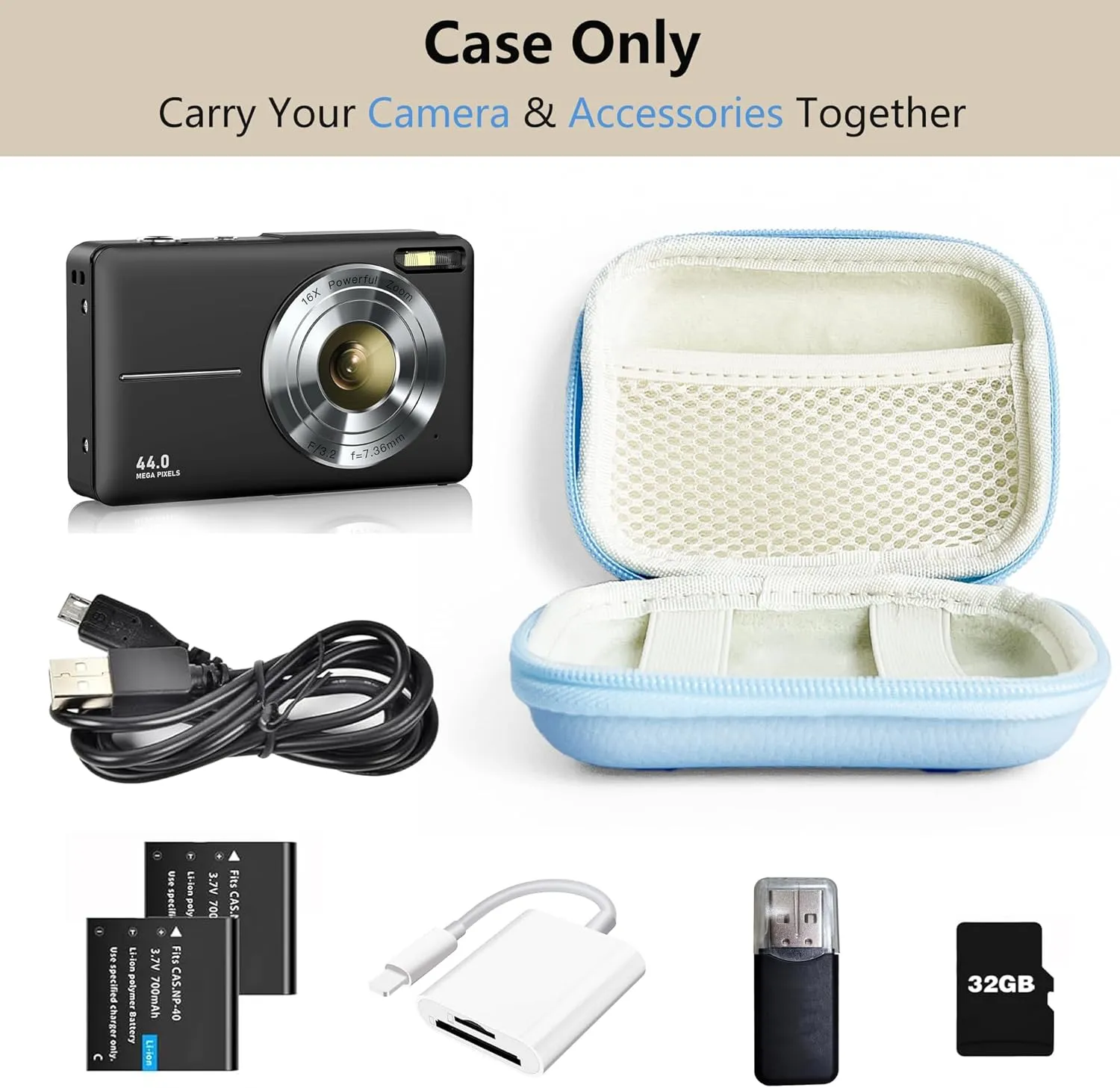 Digital Camera Case for CAMKORY, KODAK PIXPRO FZ45/FZ55, Canon IXUS 285 HS, Lecran, Small Travel Compact Camera Pouch with Mesh Pocket for Accessories SD Card (Blue)