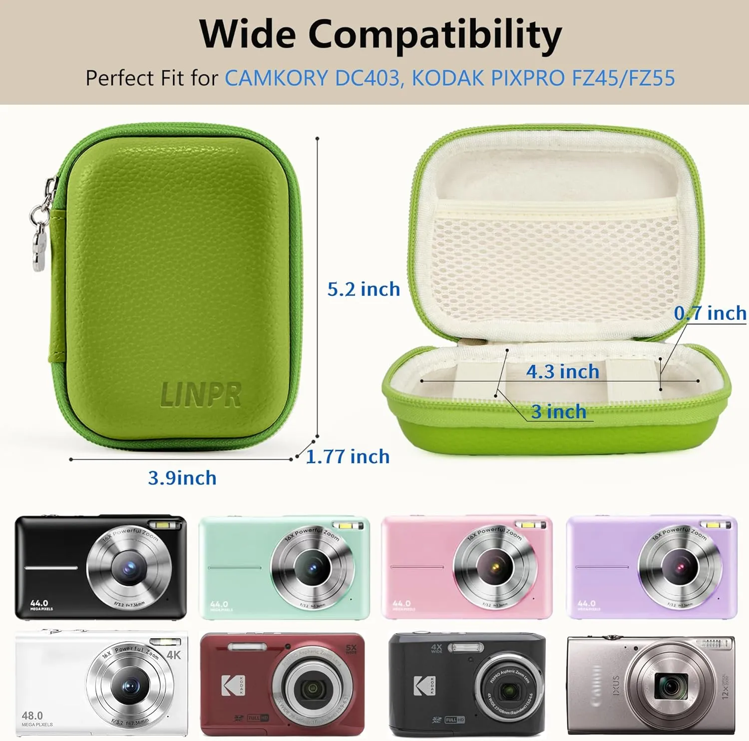 Digital Camera Case for CAMKORY, KODAK PIXPRO FZ45/FZ55, Canon IXUS 285 HS, Lecran, Small Travel Compact Camera Pouch with Mesh Pocket for Accessories SD Card (Green)