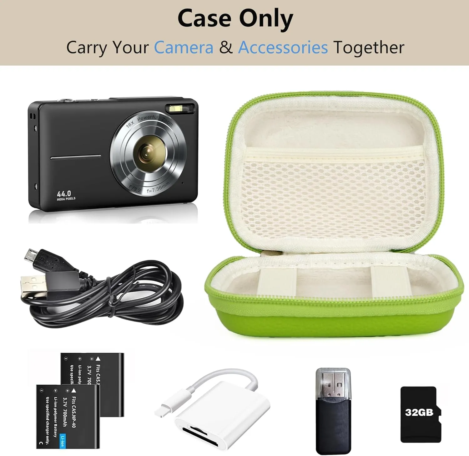 Digital Camera Case for CAMKORY, KODAK PIXPRO FZ45/FZ55, Canon IXUS 285 HS, Lecran, Small Travel Compact Camera Pouch with Mesh Pocket for Accessories SD Card (Green)