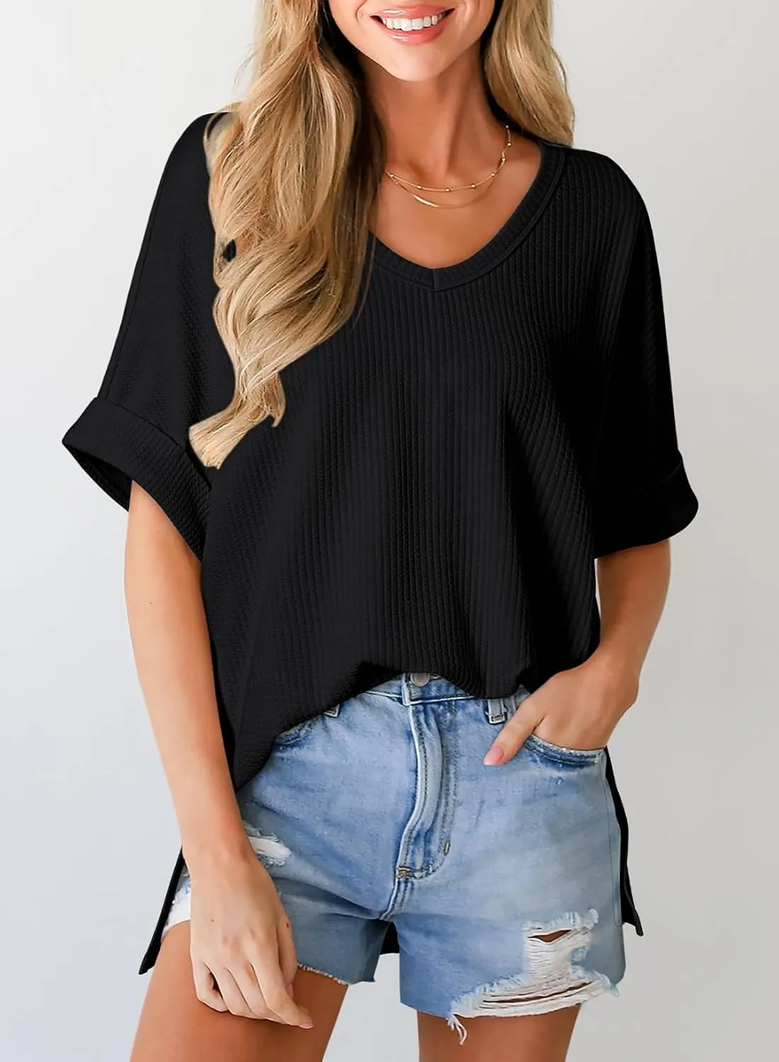 Dokotoo Women's Tops Trendy Casual 2025 Crew Neck Lightweight Shirts Knit Tunic Basic T-Shirt