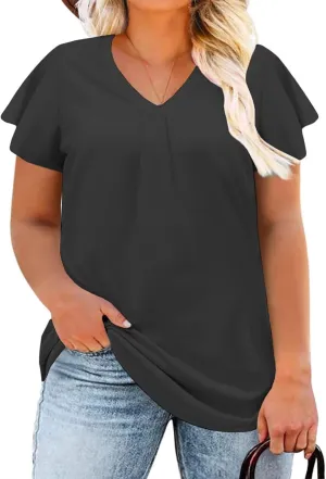 DOLNINE Plus Size Tops for Women Trendy Ruffle Short Sleeve Tshirts Casual V Neck Summer Tees