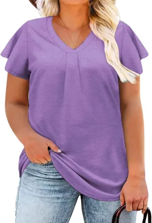 DOLNINE Plus Size Tops for Women Trendy Ruffle Short Sleeve Tshirts Casual V Neck Summer Tees