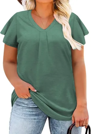 DOLNINE Plus Size Tops for Women Trendy Ruffle Short Sleeve Tshirts Casual V Neck Summer Tees