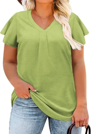 DOLNINE Plus Size Tops for Women Trendy Ruffle Short Sleeve Tshirts Casual V Neck Summer Tees