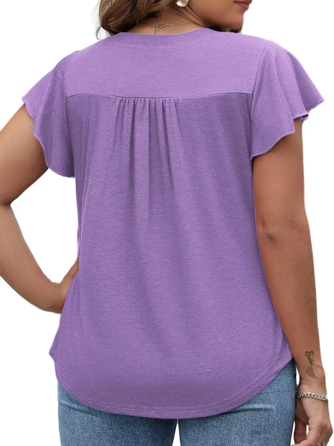 DOLNINE Plus Size Tops for Women Trendy Ruffle Short Sleeve Tshirts Casual V Neck Summer Tees