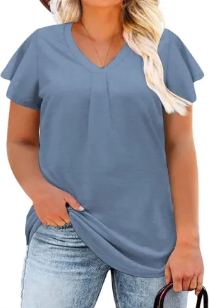 DOLNINE Plus Size Tops for Women Trendy Ruffle Short Sleeve Tshirts Casual V Neck Summer Tees